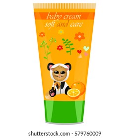 High quality original trendy vector Baby cream tube with kids design and cat in panda suit, orange illustration