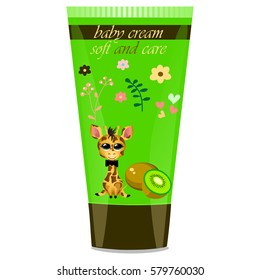 High quality original trendy vector Baby cream tube with kids design and giraffe, kiwi illustration