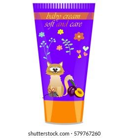 High quality original trendy vector Baby cream tube with kids design and cat, plum illustration