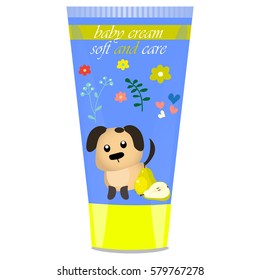 High quality original trendy vector Baby cream tube with kids design and dog illustration