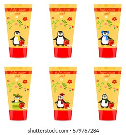 High quality original trendy vector Baby cream tube with kids design and penguin, apple illustration