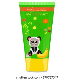High quality original trendy vector Baby cream tube with kids design and cat in panda suit, banana illustration