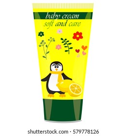 High quality original trendy vector Baby cream tube with kids design and penguin, lemon illustration