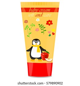 High quality original trendy vector Baby cream tube with kids design and penguin, apple illustration