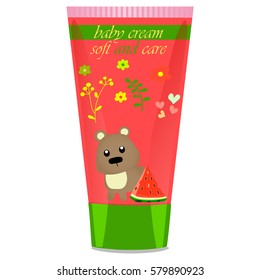High quality original trendy vector Baby cream tube with kids design and bear illustration