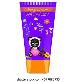 High quality original trendy vector Baby cream tube with kids design and cat in panda suit, plum illustration
