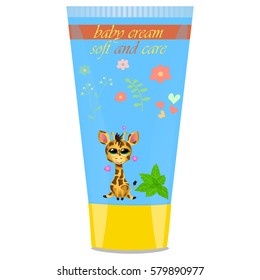 High quality original trendy vector Baby cream tube with kids design and giraffe, mint illustration