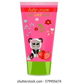 High quality original trendy vector Baby cream tube with kids design and cat in panda suit, strawberry illustration