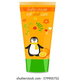 High quality original trendy vector Baby cream tube with kids design and penguin, orange illustration