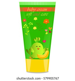 High quality original trendy vector Baby cream tube with kids design and bird, banana illustration