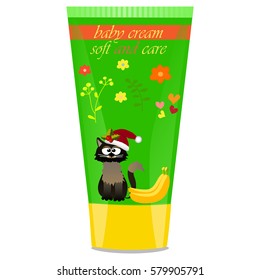 High quality original trendy vector Baby cream tube with kids design and cat, banana illustration