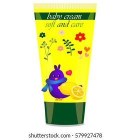 High quality original trendy vector Baby cream tube with kids design and bird, lemon illustration