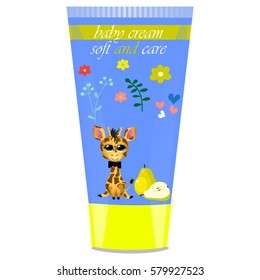 High quality original trendy vector Baby cream tube with kids design and giraffe, pear illustration