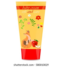 High quality original trendy vector apple Baby cream tube with kids design and fox on floral background illustration