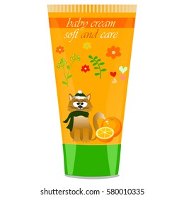 High quality original trendy vector Baby cream tube with kids design and cat, orange illustration