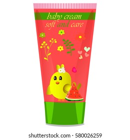 High quality original trendy vector Baby cream tube with kids design and bird, watermelon illustration