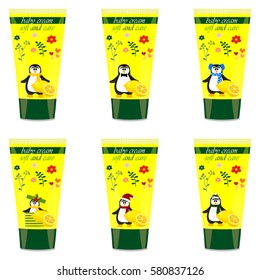 High quality original trendy vector Baby cream tube with kids design and penguin, lemon illustration