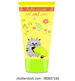 High quality original trendy vector Baby cream tube with kids design and cat, lime illustration