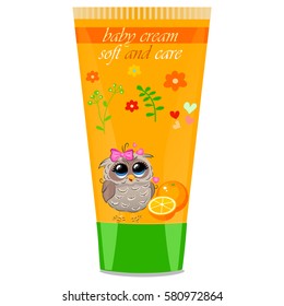 High quality original trendy vector orange Baby cream tube with kids design and owl on floral background illustration