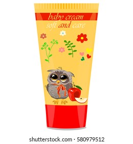 High quality original trendy vector apple Baby cream tube with kids design and owl on floral background illustration