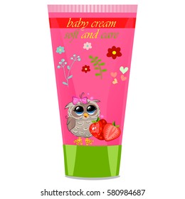 High quality original trendy vector strawberry Baby cream tube with kids design and owl on floral background illustration