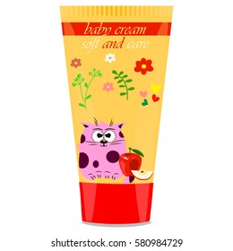 High quality original trendy vector Baby cream tube with kids design and cat, apple illustration
