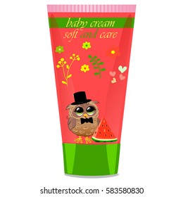 High quality original trendy vector watermelon Baby cream tube with kids design and owl on floral background illustration
