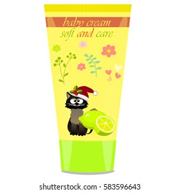 High quality original trendy vector Baby cream tube with kids design and cat, lime illustration