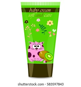 High quality original trendy vector Baby cream tube with kids design and cat, kiwi illustration