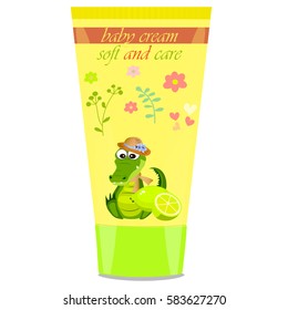 High quality original trendy vector lime Baby cream tube with kids design and crocodile or alligator on floral background illustration