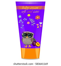 High quality original trendy vector plum Baby cream tube with kids design and owl on floral background illustration