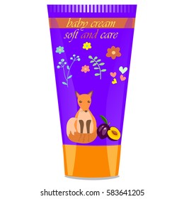 High quality original trendy vector plum Baby cream tube with kids design and fox on floral background illustration