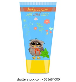 High quality original trendy vector mint Baby cream tube with kids design and owl on floral background illustration