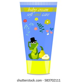 High quality original trendy vector pear Baby cream tube with kids design and crocodile or alligator on floral background illustration