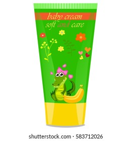 High quality original trendy vector banana Baby cream tube with kids design and crocodile or alligator on floral background illustration
