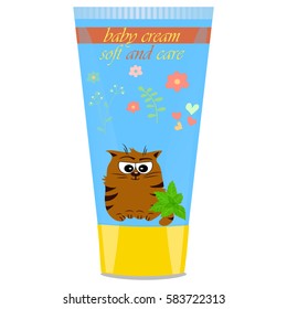High quality original trendy vector Baby cream tube with kids design and cat, mint illustration
