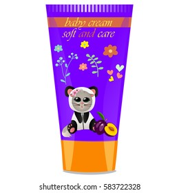 High quality original trendy vector Baby cream tube with kids design and cat in panda suit, plum illustration
