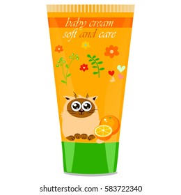 High quality original trendy vector Baby cream tube with kids design and cat, orange illustration