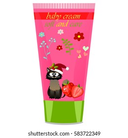 High quality original trendy vector Baby cream tube with kids design and cat, strawberry illustration