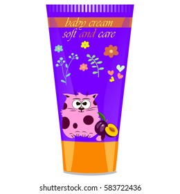 High quality original trendy vector Baby cream tube with kids design and cat, plum illustration