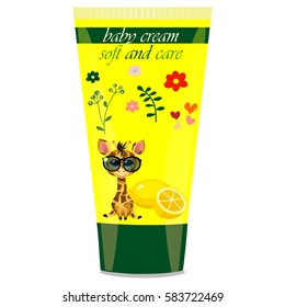 High quality original trendy vector Baby cream tube with kids design and giraffe, lemon illustration