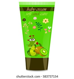 High quality original trendy vector kiwi Baby cream tube with kids design and crocodile or alligator on floral background illustration
