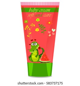 High quality original trendy vector Baby watermelon cream tube with kids design and crocodile or alligator on floral background illustration