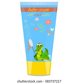 High quality original trendy vector mint Baby cream tube with kids design and crocodile or alligator on floral background illustration