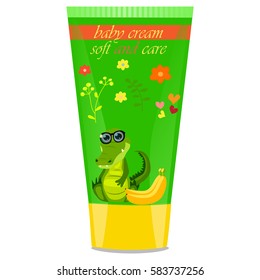 High quality original trendy vector banana Baby cream tube with kids design and crocodile or alligator on floral background illustration
