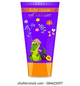 High quality original trendy vector plum Baby cream tube with kids design and crocodile or alligator on floral background illustration