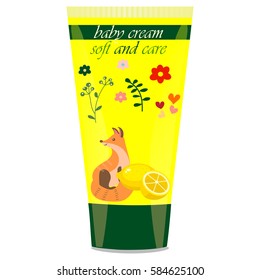 High quality original trendy vector lemon Baby cream tube with kids design and fox on floral background illustration