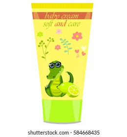 High quality original trendy vector lime Baby cream tube with kids design and crocodile or alligator on floral background illustration