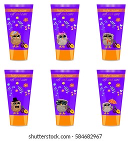 High quality original trendy vector plum Baby cream tube with kids design and owl on floral background illustration