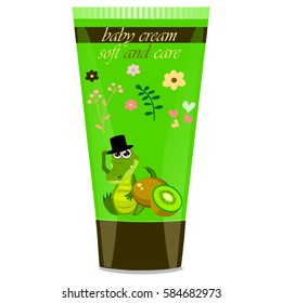 High quality original trendy vector kiwi Baby cream tube with kids design and crocodile or alligator on floral background illustration